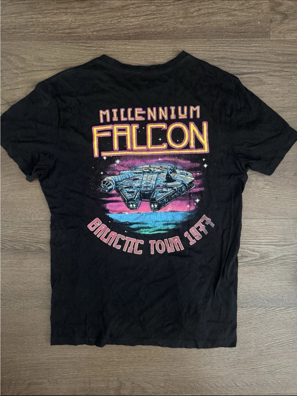 Star Wars Black Tee with Pink, Blue and Yellow Millennium Falcon Graphic
